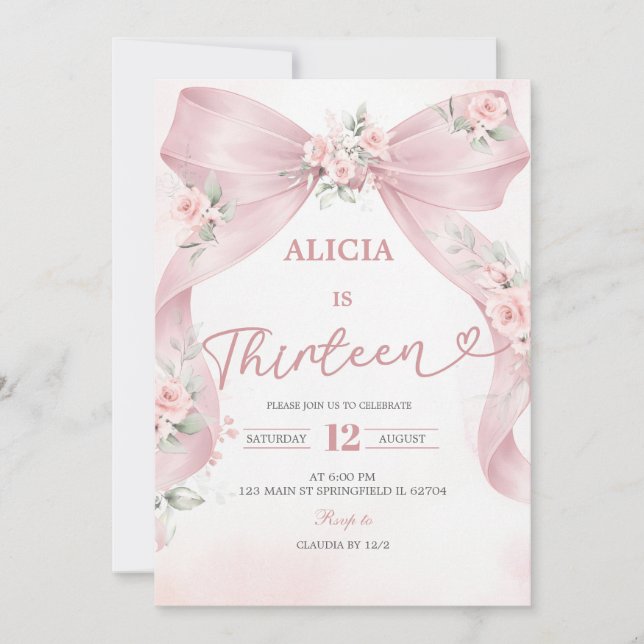 Pink Bow Coquette Teenager Birthday Invitation (Devant)