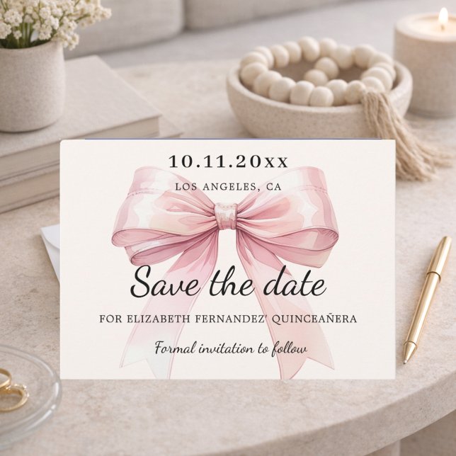 Pink bow cream Quinceanera Save the Date card (Créateur téléchargé)