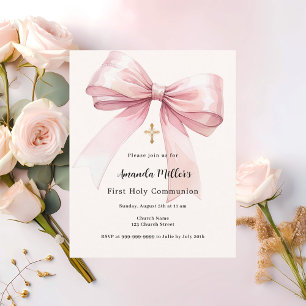 Pink bow crème fille Première communion invitation
