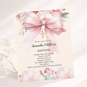 Pink bow crème florales fille Baptême invitation
