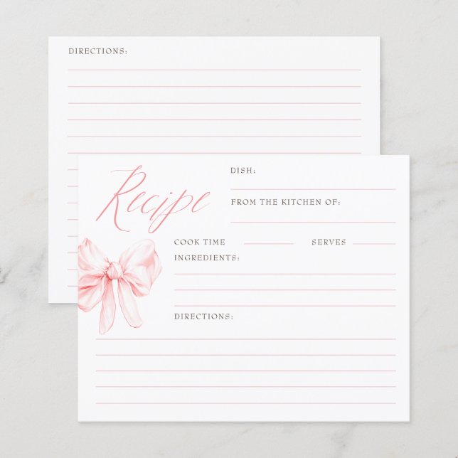 Pink Bow Elegant Bridal Shower Recipe Cards (Devant / Derrière)