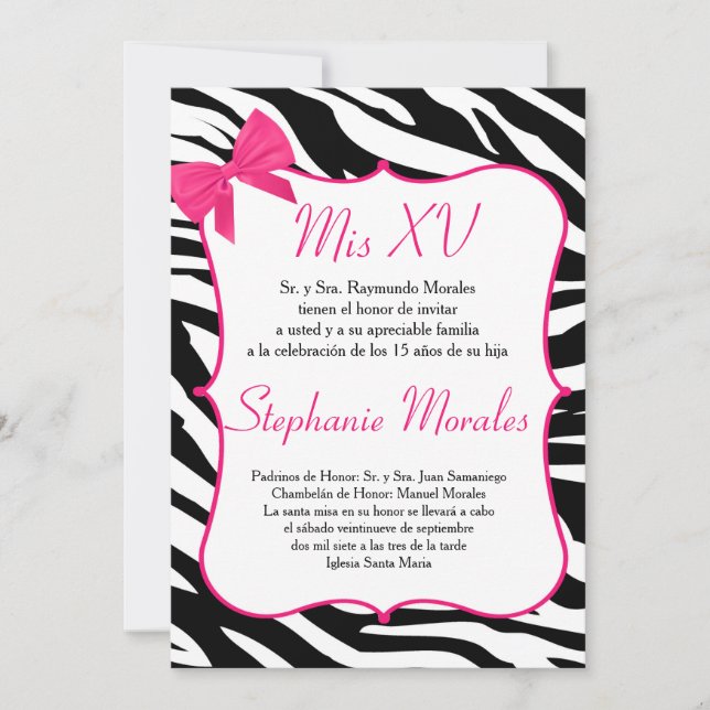 Pink Bow et Zebra Quinceanera Invitation d'anniver (Devant)