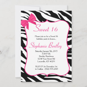 Pink Bow et Zebra Sweet 16 Invitation d'anniversai