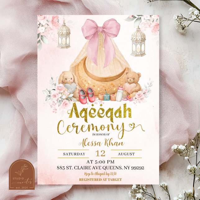 Pink Bow Floral Aqeeqah Girl Invitation (Créateur téléchargé)