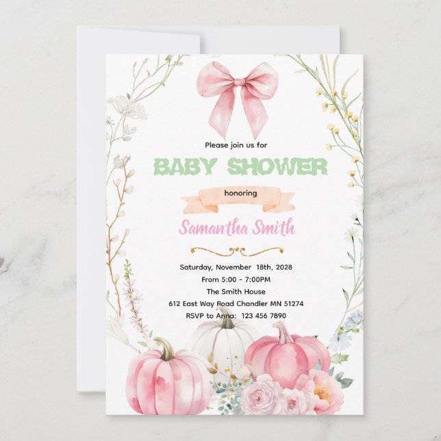 Pink Bow flower pumpkin Invitation (Devant)