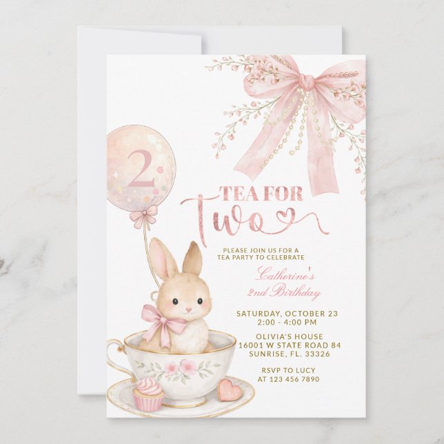 Pink Bow Gingham Bunny Girl Birthday Invitation (Devant)