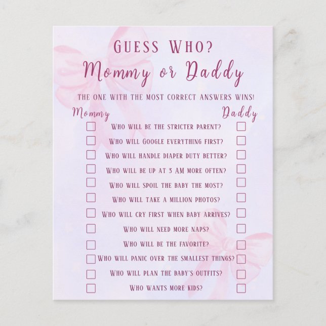 Pink Bow Guess Who Mommy or Daddy Baby Shower Game (Devant)