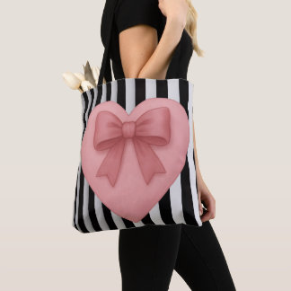 Pink bow heart black&white stripes Tote Bag