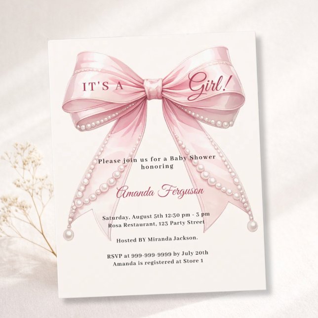 Pink bow ivory it's a girl Baby Shower invitation (Créateur téléchargé)
