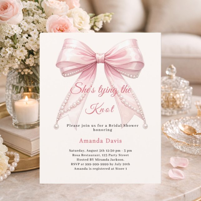 Pink bow ivory pearl knot Bridal Shower invitation (Créateur téléchargé)