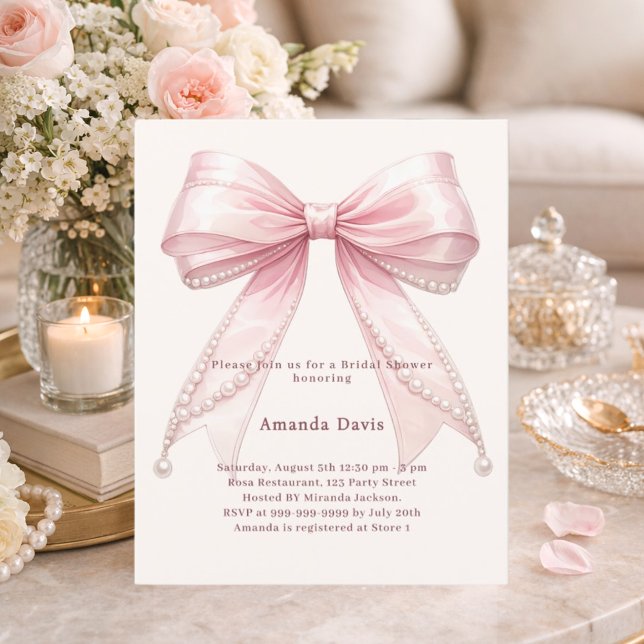 Pink bow ivory pearls Bridal Shower invitation (Créateur téléchargé)