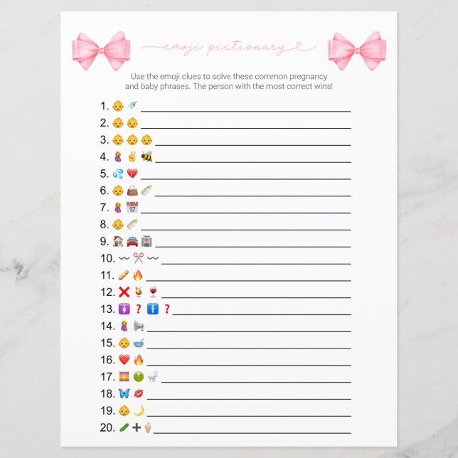 Pink Bow moderne Baby shower Emoji Jeu (Devant)