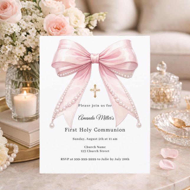 Pink bow pearls girl First Communion invitation (Créateur téléchargé)