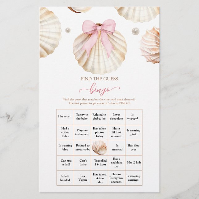 Pink Bow Shell Baby Shower Find The Guest Bingo (Devant)