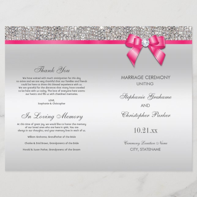 Pink Bow Silver Sequins Mariage Ceremony Programme (Devant)