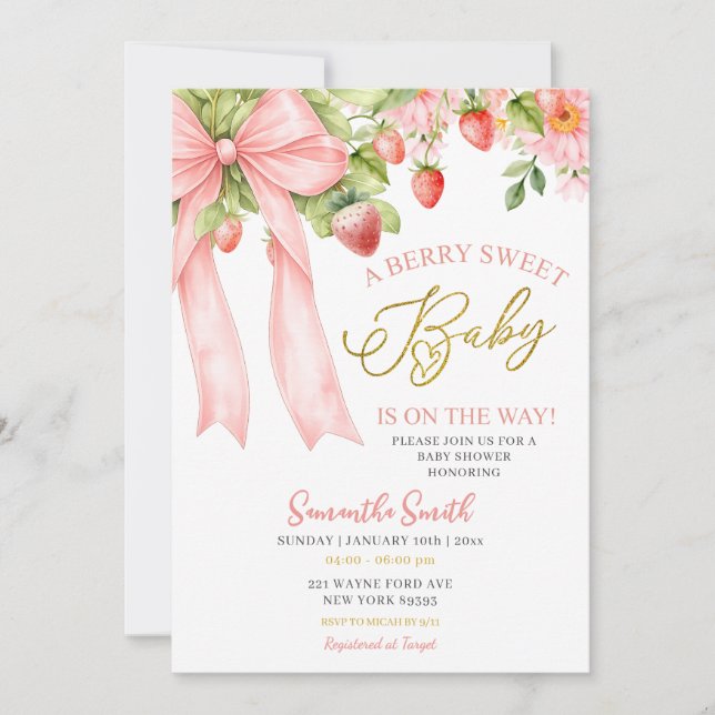 Pink Bow Strawberry Baby Shower Invitation (Devant)