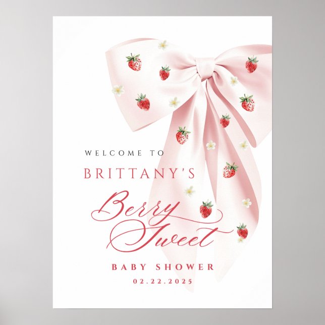 Pink Bow Strawberry Baby Shower Poster (Devant)
