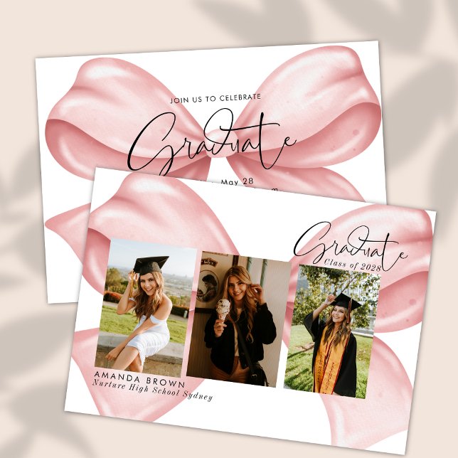 Pink Bow Three Photo Graduation 2025 Invitation (Créateur téléchargé)