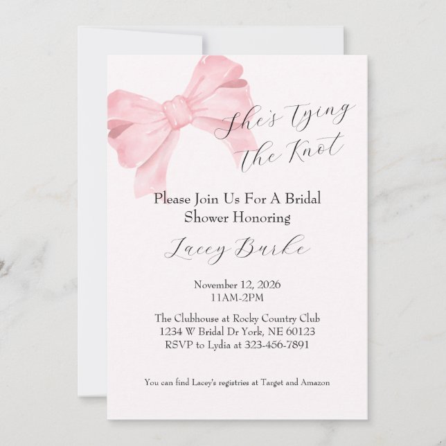 Pink Bow Tying the Knot Bridal Shower Invitation - (Devant)