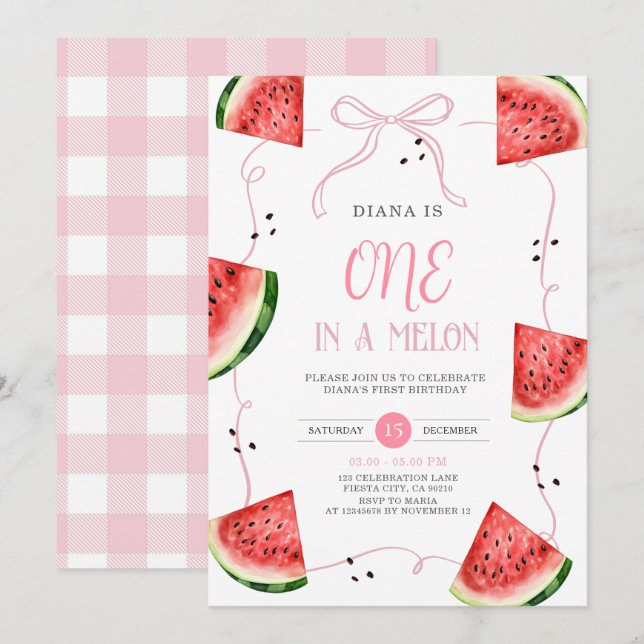 Pink Bow Watermelon First Birthday Invitation (Devant / Derrière)