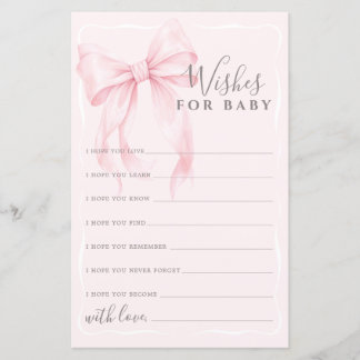Pink Bow Wishes Advice Game for Girl Baby Shower 