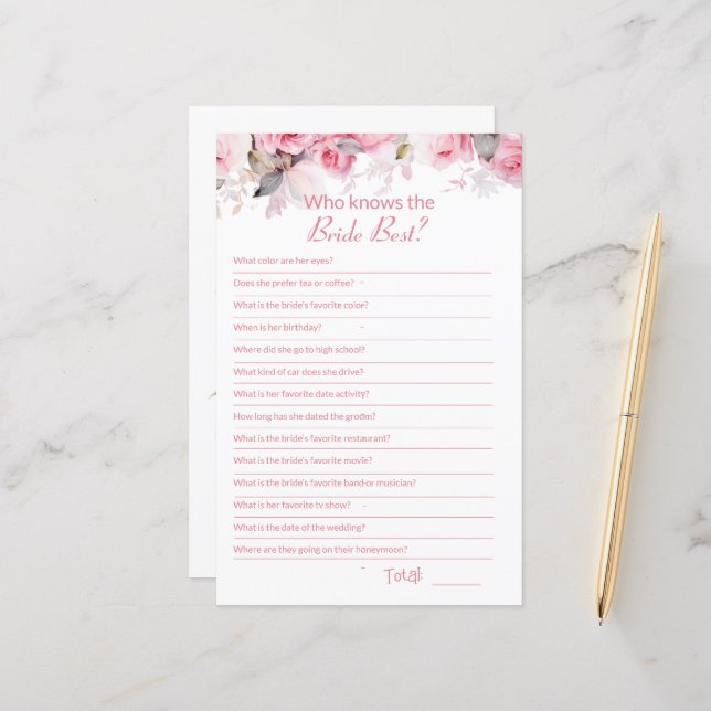 Pink Bridal Shower How well do you know Game Card (Devant/Arrière en situation)