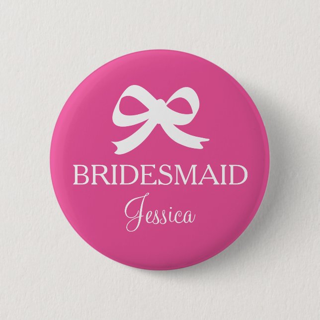 Pink bridesmaid badge buttons for wedding party (Devant)