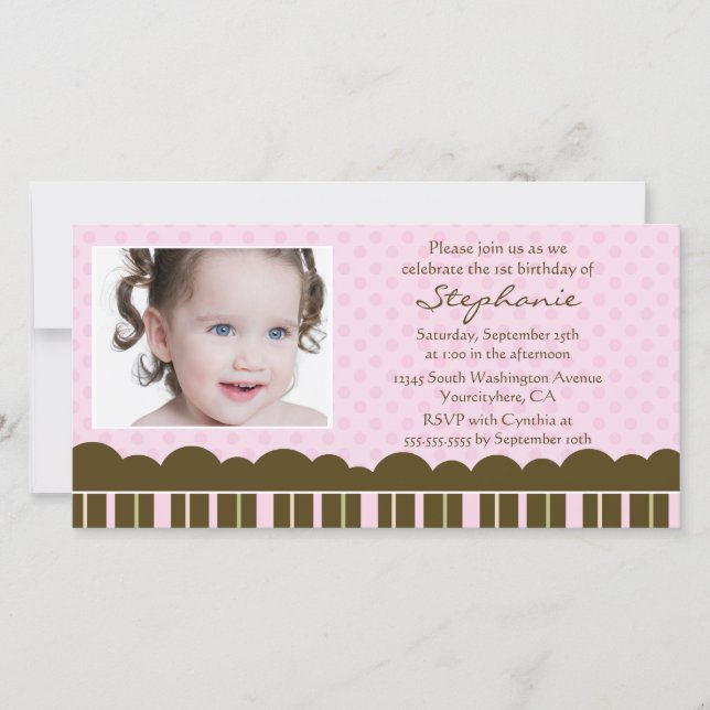 Pink brown fille fête d'anniversaire invitation ph (Devant)