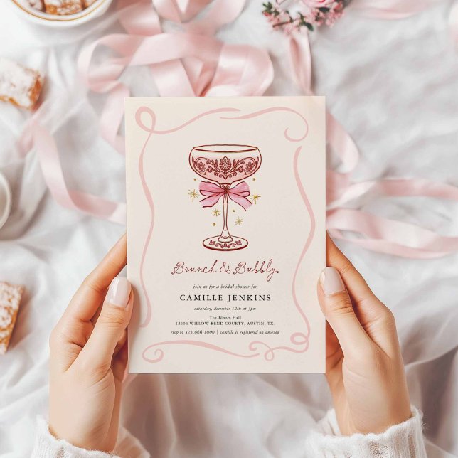 Pink Brunch and Bubbly Bridal Shower Invitation (Pink and Burgundy Hand Drawn Brunch and Bubbly Bridal Shower Invitation)