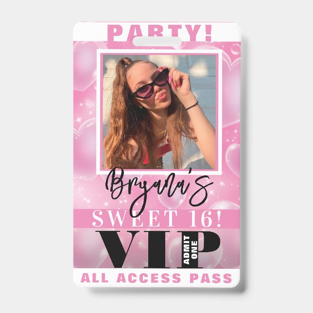 Pink Bubble Hearts Birthday Party VIP Pass Badge (Avant)