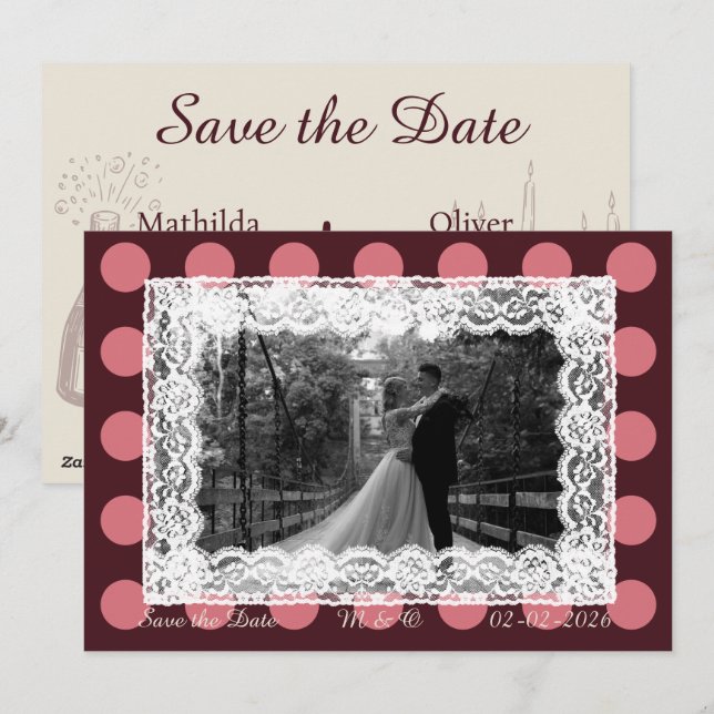 Pink &Burgundy Polka Dot Vintage Lace Invitation (Devant / Derrière)