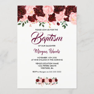 Pink & Burgundy Rose fille Baptême Invitation de s