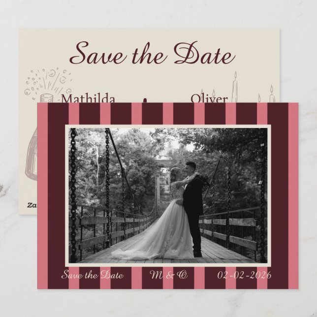 Pink &Burgundy Thin Stripe Invitation (Devant / Derrière)