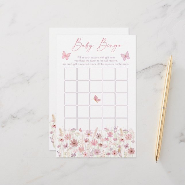 Pink Butterfly Wildflowers Baby Shower Bingo Game (Devant/Arrière en situation)