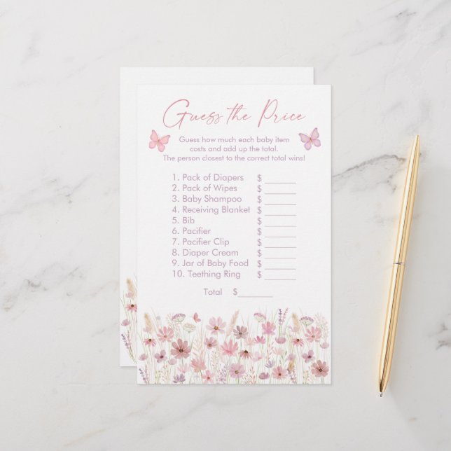 Pink Butterfly Wildflowers Guess the Price Game (Devant/Arrière en situation)