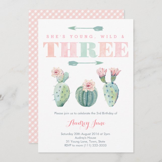 Pink Cactus 3e anniversaire Cartes de fête pour fi (Devant / Derrière)