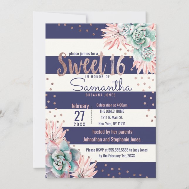 Pink Cactus Navy Stripes Rose Sweet 16 Invitations (Devant)