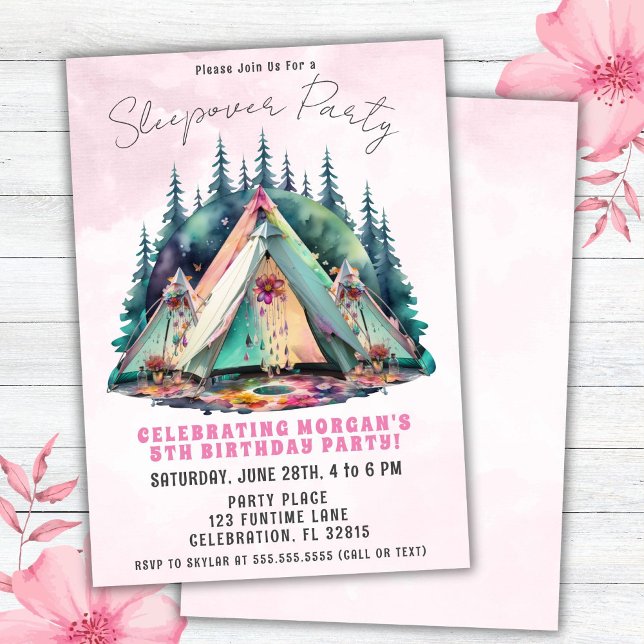 Pink Camping Slepover Invitation de fête d'anniver (Créateur téléchargé)