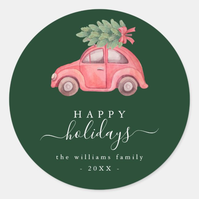 Pink Car Happy Holiday Script Round Sticker (Devant)