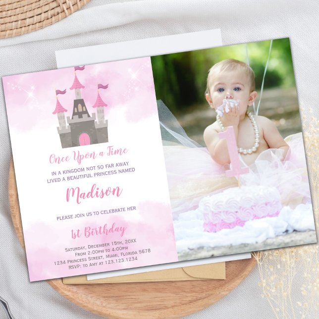 Pink Castle Princess Invitations d'anniversaire (Pink Castle Princess Birthday Invitations w Photo)