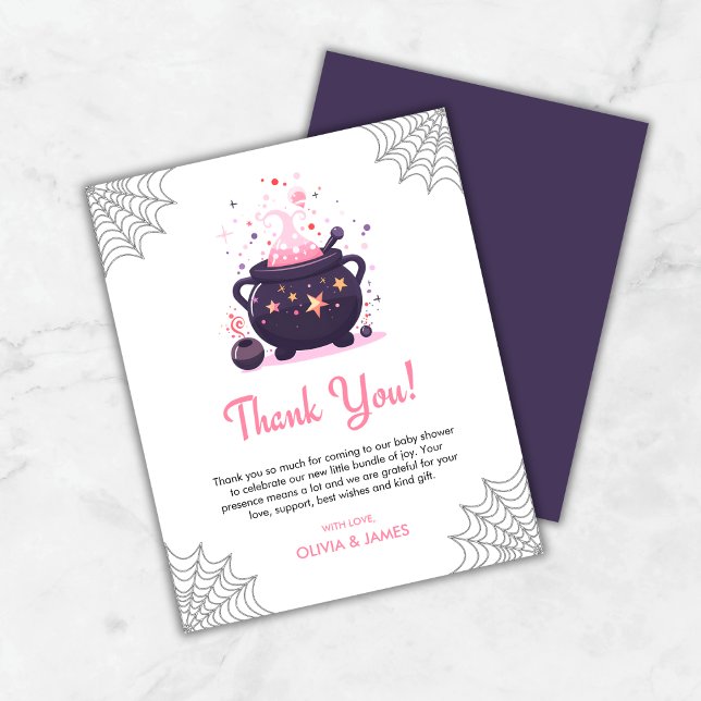 Pink Cauldron Halloween Baby shower Carte de remer (Budget Pink Cauldron A Baby is Brewing Halloween Baby Shower Thank You Card  )
