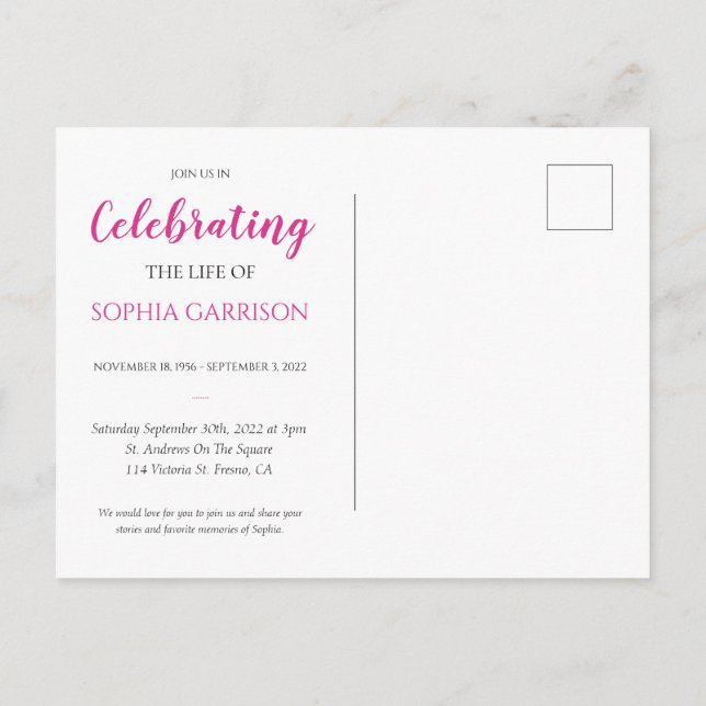 Pink Celebration of Life Photo Invitation funérair (Dos)