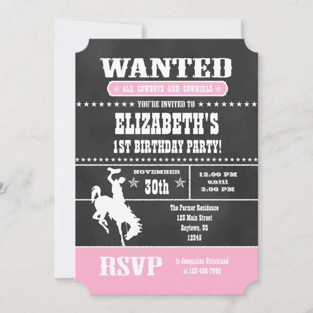 Pink Chalkboard Cowboy Invitation d'anniversaire (Devant)