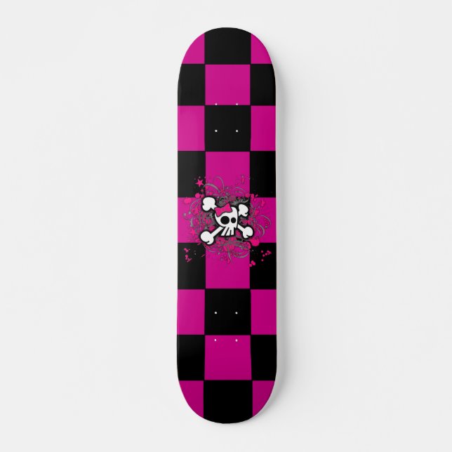 Pink Checker Girl Skull Skateboard (Devant)