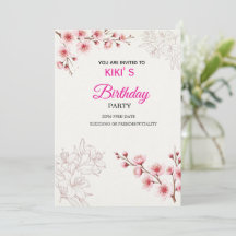Pink Cherry Blossom Birthday Invitation | Watercol