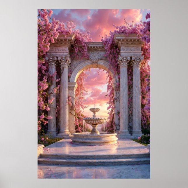 Pink Cherry Blossom Fountain Marble Arch Poster (Devant)