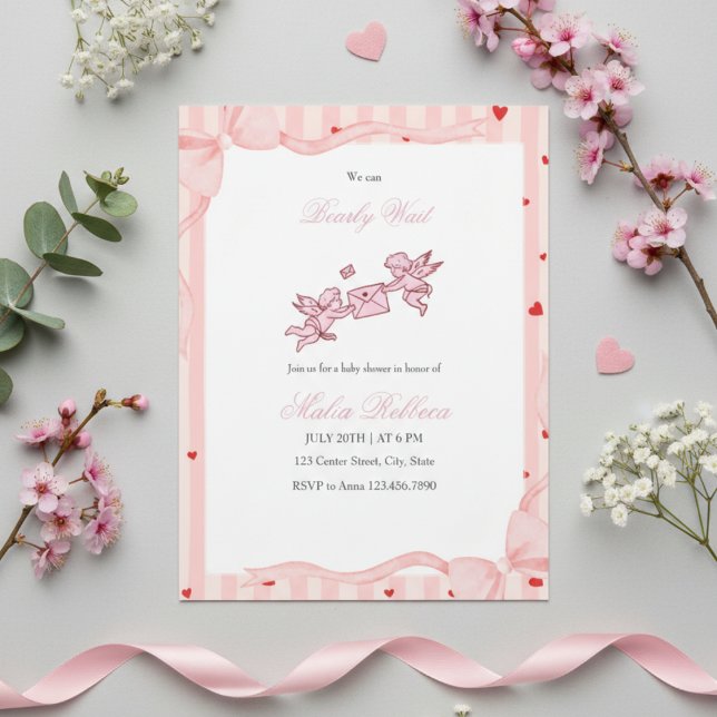  Pink Cherub Bearly Wait Baby Shower Invitation (Créateur téléchargé)