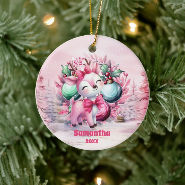 Pink Christmas Reindeer Enfants Ornement photo (Arbre)
