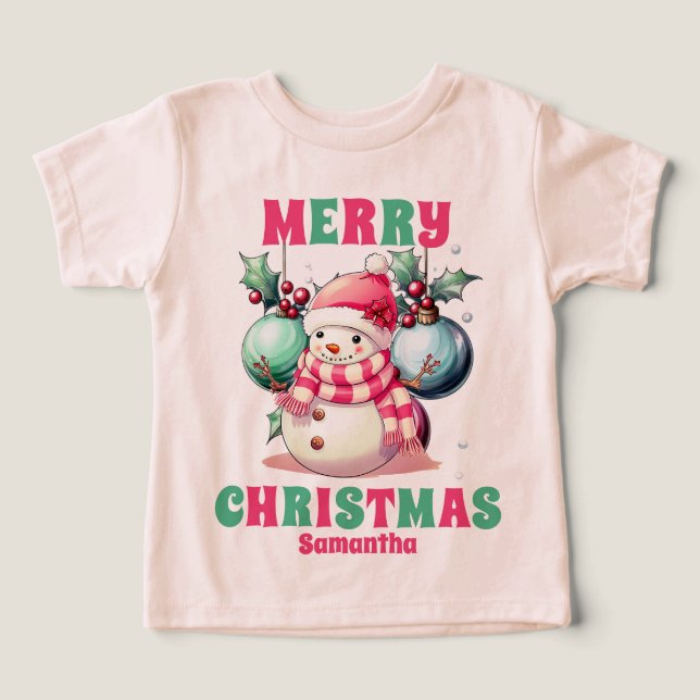 Pink Christmas Snowman Nom personnalisé (Design Recto)