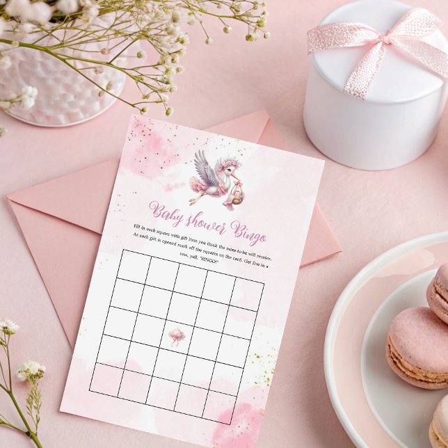 Pink Cloud Baby Shower Bingo with Stork Design (Créateur téléchargé)
